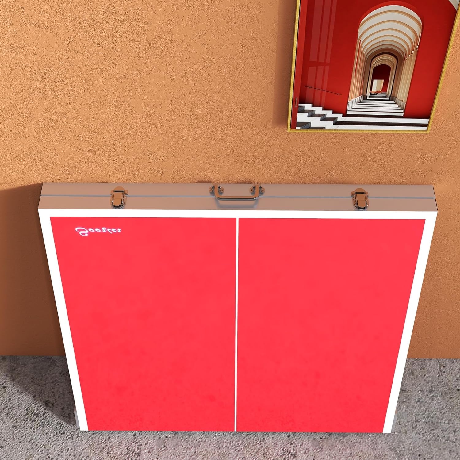 Mini Ping Pong Table Set for Outdoor and Indoor, Foldable Table Tennis Table with Net, 2 Paddles, 3 Balls, Adjustable Feet, Easy Assembly, Red