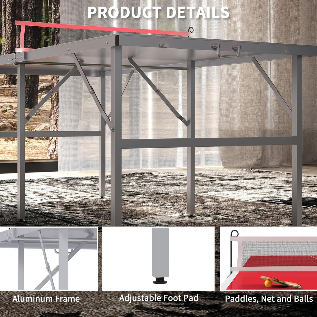 Mini Ping Pong Table Set for Outdoor and Indoor, Foldable Table Tennis Table with Net, 2 Paddles, 3 Balls, Adjustable Feet, Easy Assembly, Red