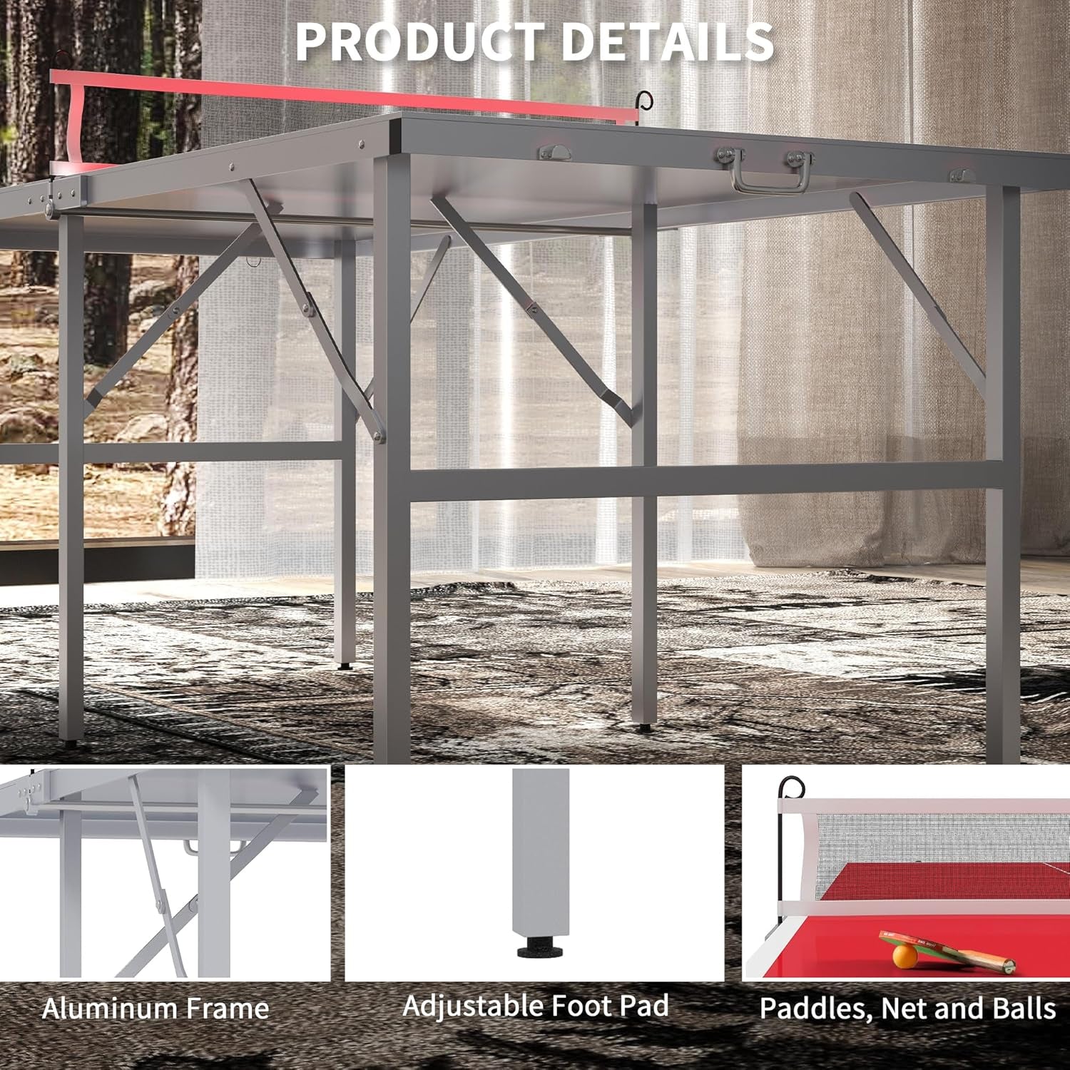 Mini Ping Pong Table Set for Outdoor and Indoor, Foldable Table Tennis Table with Net, 2 Paddles, 3 Balls, Adjustable Feet, Easy Assembly, Red