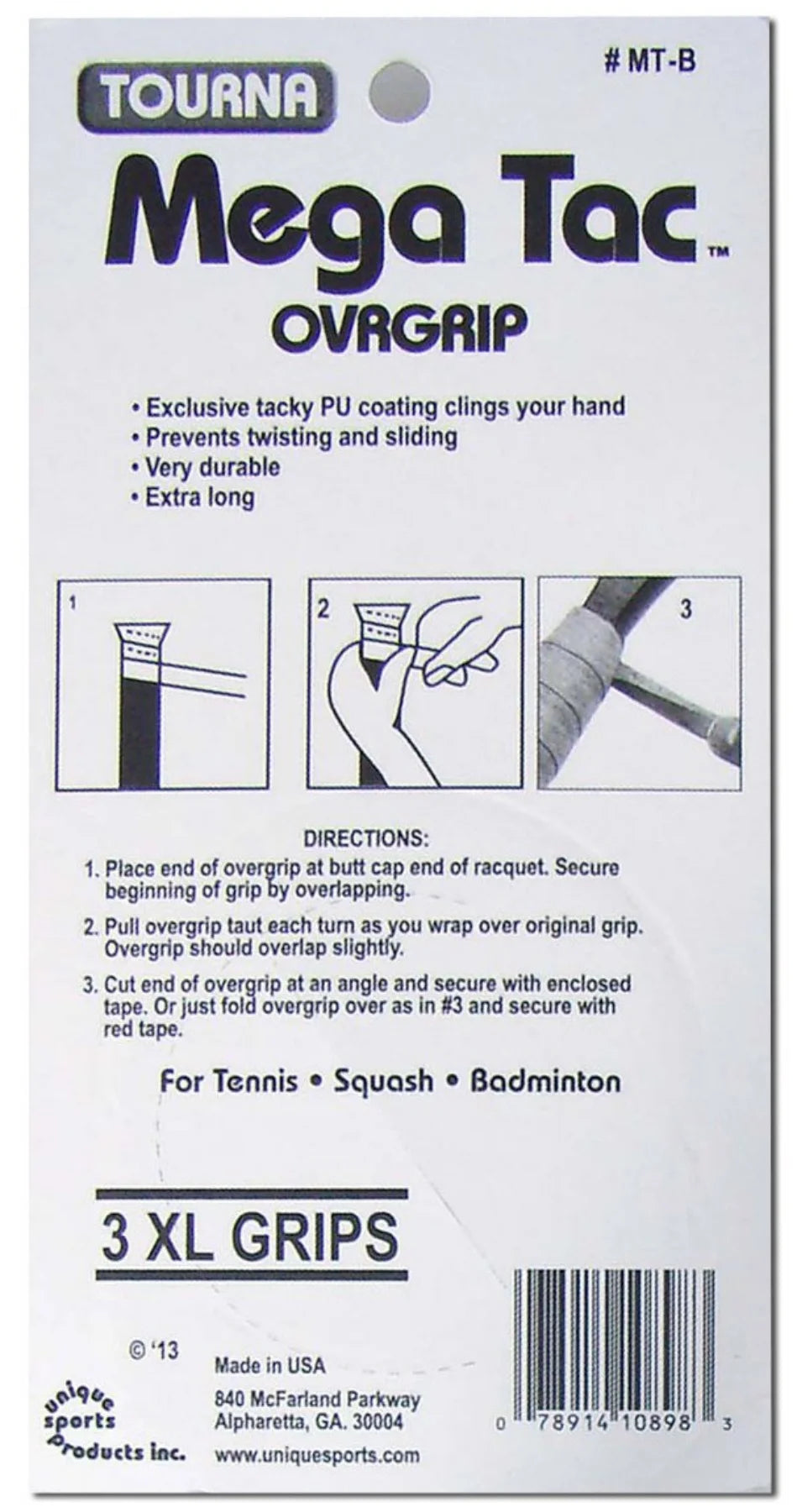 Tourna Mega Tac Extra Tacky Overgrip, 3-Pack