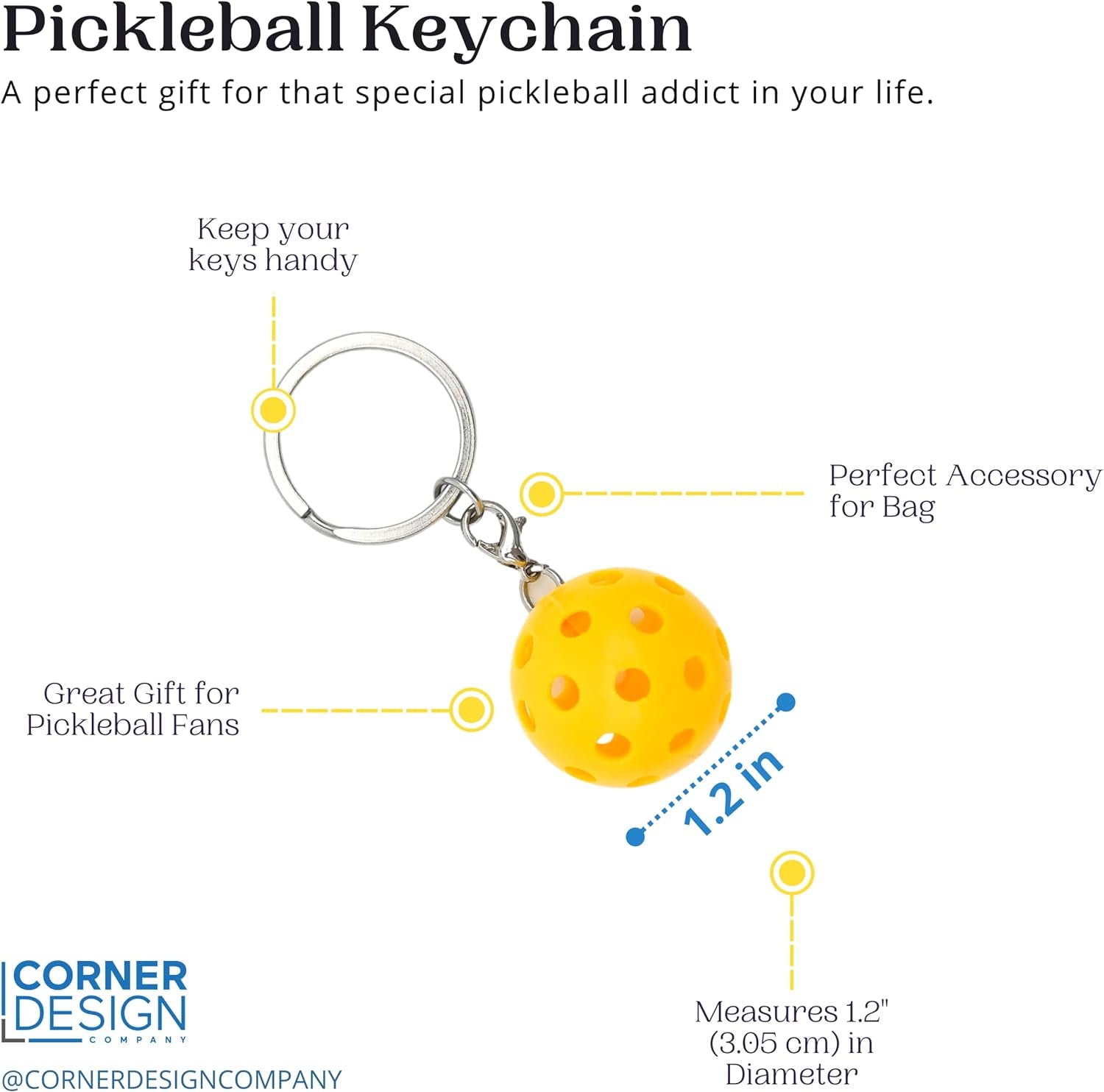 Mini Pickleball Keychain, 3Cm Diameter, Yellow