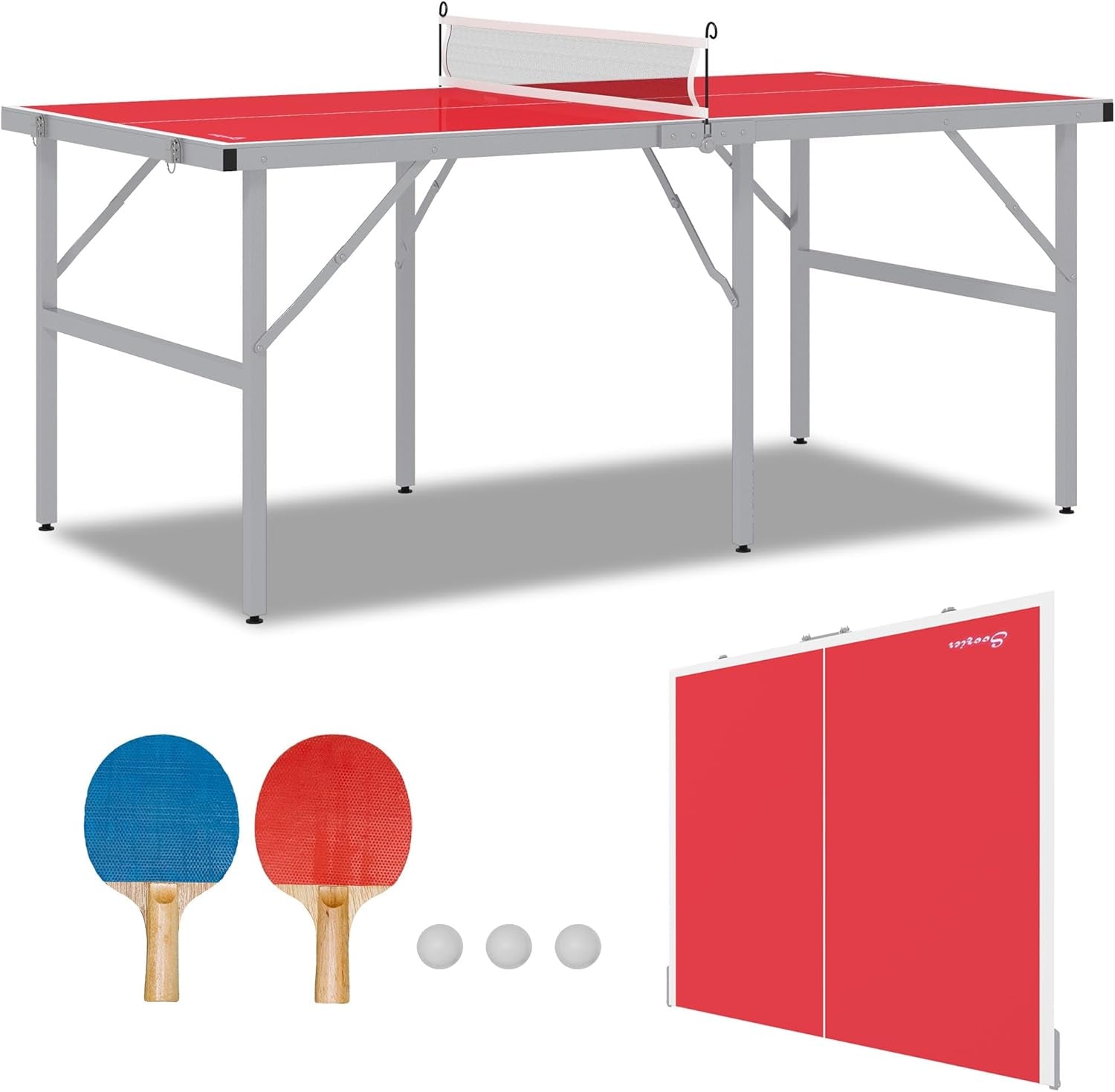 Mini Ping Pong Table Set for Outdoor and Indoor, Foldable Table Tennis Table with Net, 2 Paddles, 3 Balls, Adjustable Feet, Easy Assembly, Red